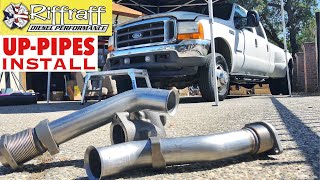 2001 F350 73  RiffRaff UpPipes Install  Stock up pipes leaking and falling apart JUNK SP [upl. by Aicilak]